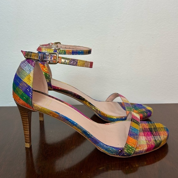 STUART WEITZMAN Metallic Rainbow Plaid Leather Ankle Strap Nunaked Sandals Heel - Picture 5 of 11